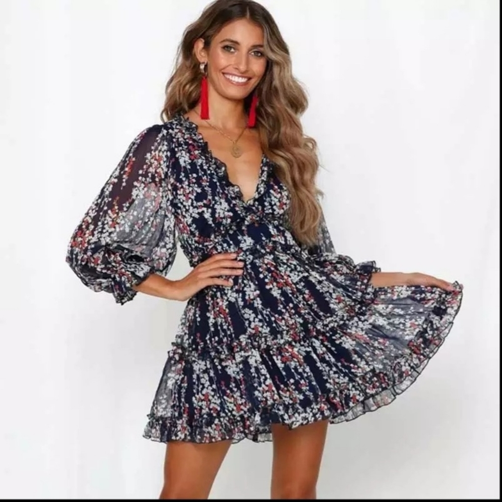 Navy blue boho floral dress